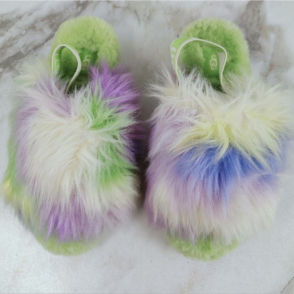 UGG Fluff Yeah Green Tie Dye Faux Fur Sheepskin Slingback Slides Slippers, Sz 6 - Picture 6 of 16